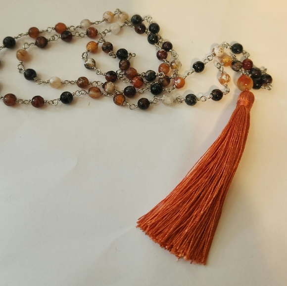 Orange and Brown Beaded Tassel Necklace - Picture 3 of 11